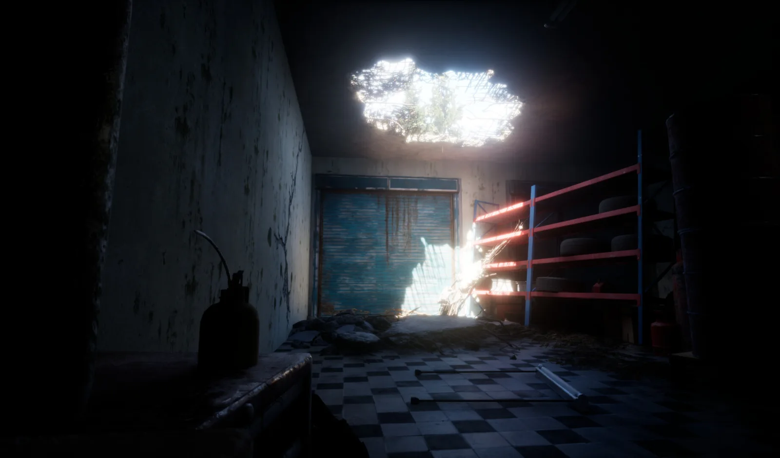 A ruined shop interior with a collapsed ceiling, empty shelves and daylight breaking through